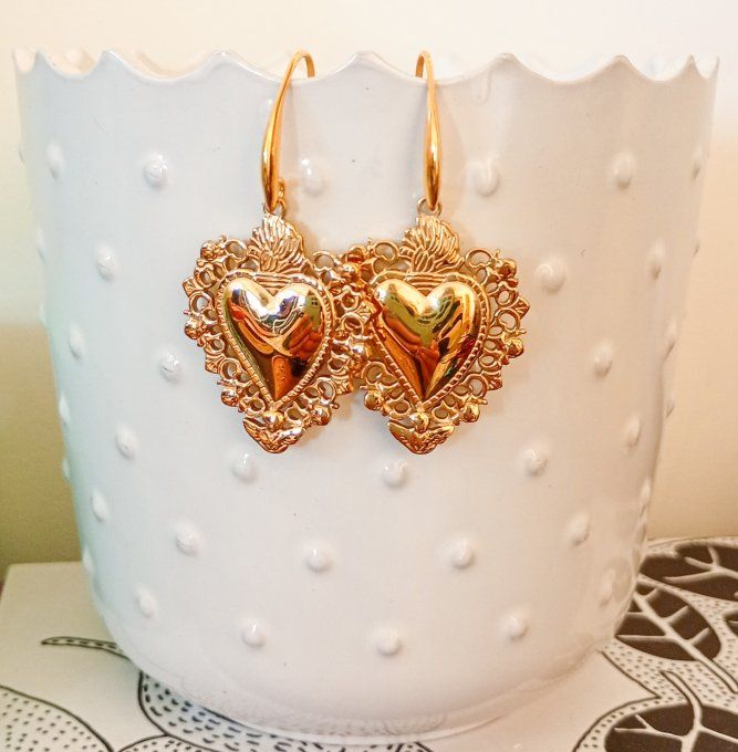 Boucles d'oreilles JULIETTE, coeur ex-voto acier inoxydable doré