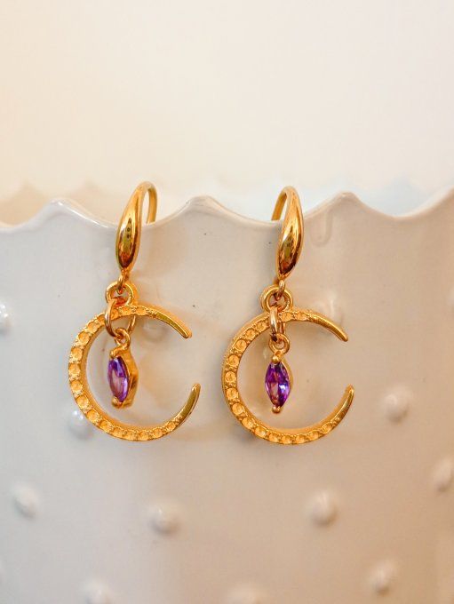 Boucles d'oreilles Melody, lune dorée et navette violette