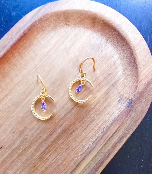 Boucles d'oreilles Melody, lune dorée et navette violette