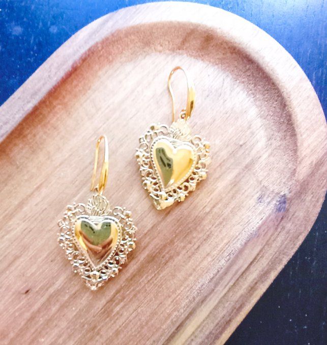 Boucles d'oreilles JULIETTE, coeur ex-voto acier inoxydable doré