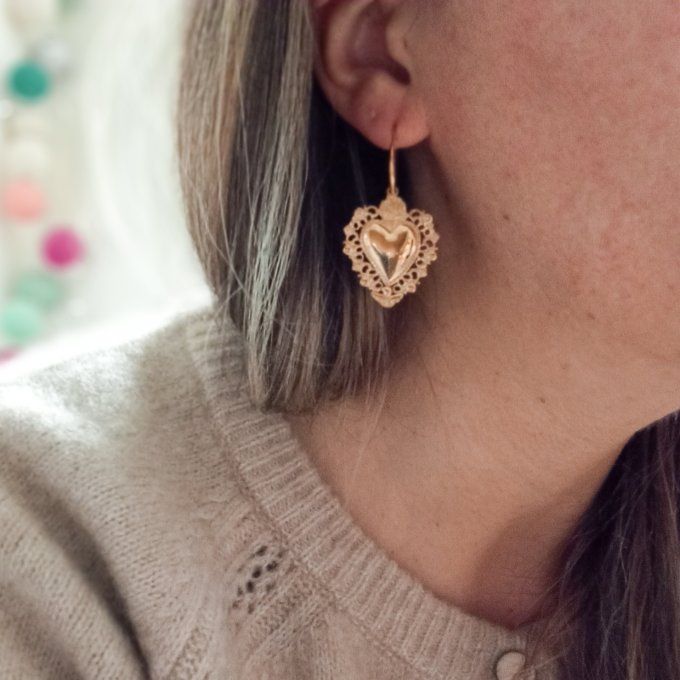 Boucles d'oreilles JULIETTE, coeur ex-voto acier inoxydable doré
