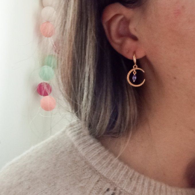 Boucles d'oreilles Melody, lune dorée et navette violette