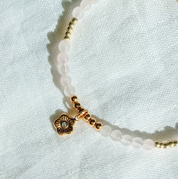 Bracelet BAO, perles de quartz rose et breloque fleur en acier inoxydable