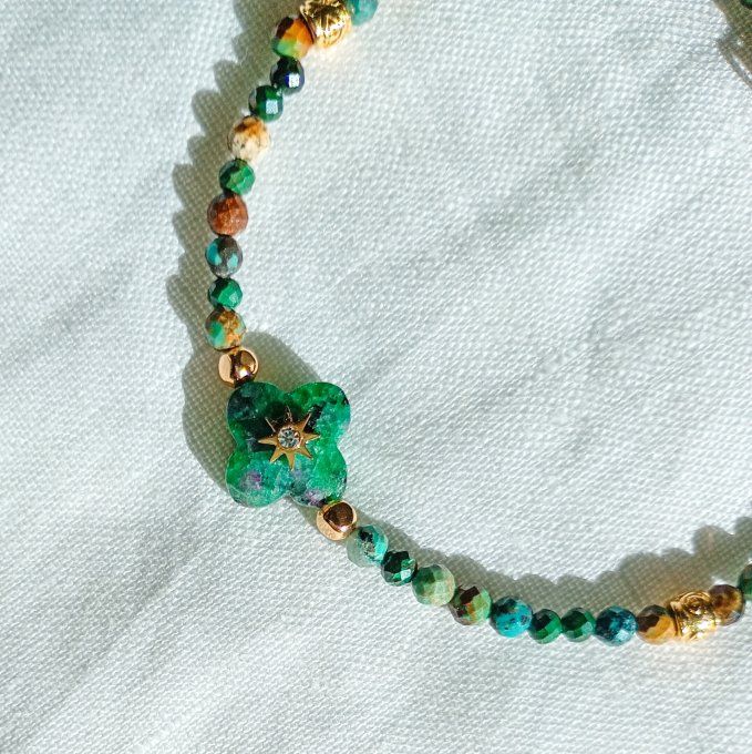 Bracelet JASPER, trèfle pierre naturelle rubis zoïsite et perles turquoises