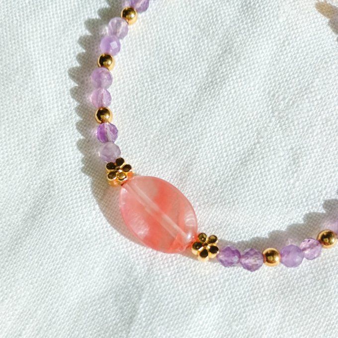 Bracelet ALMA, perles naturelles d'améthyste et quartz fraise