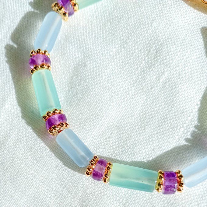 Bracelet AGATA, perles tube agate bleue et heishi d'améthyste