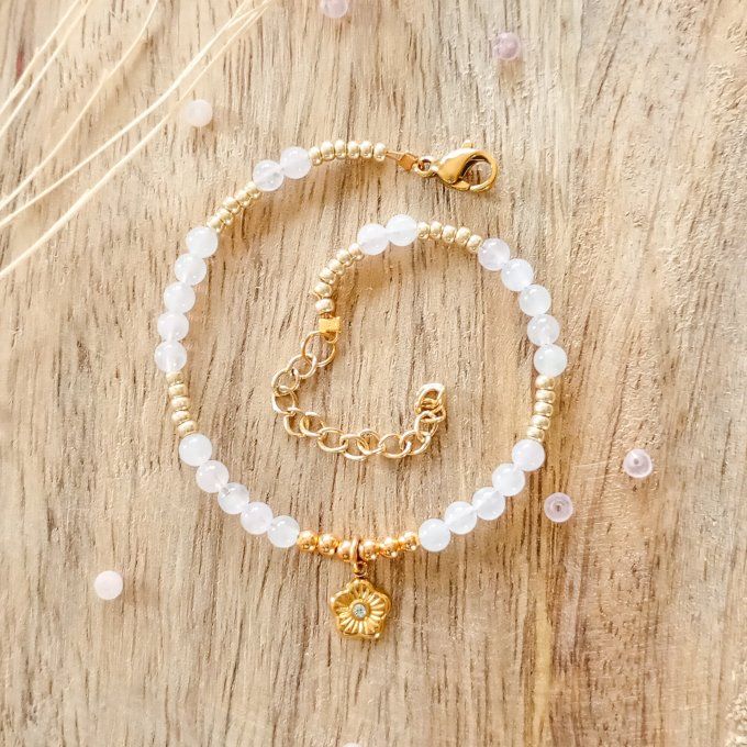 Bracelet BAO, perles de quartz rose et breloque fleur en acier inoxydable