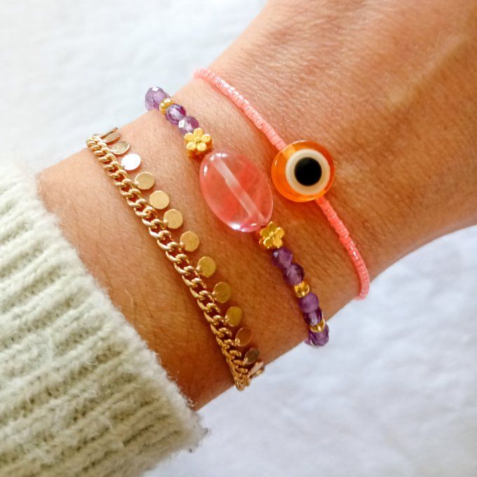 Bracelet ALMA, perles naturelles d'améthyste et quartz fraise