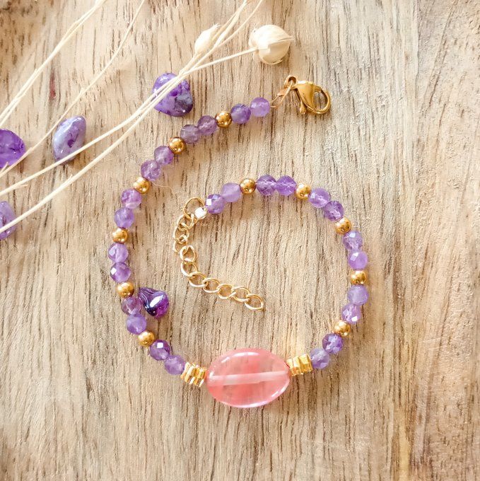 Bracelet ALMA, perles naturelles d'améthyste et quartz fraise