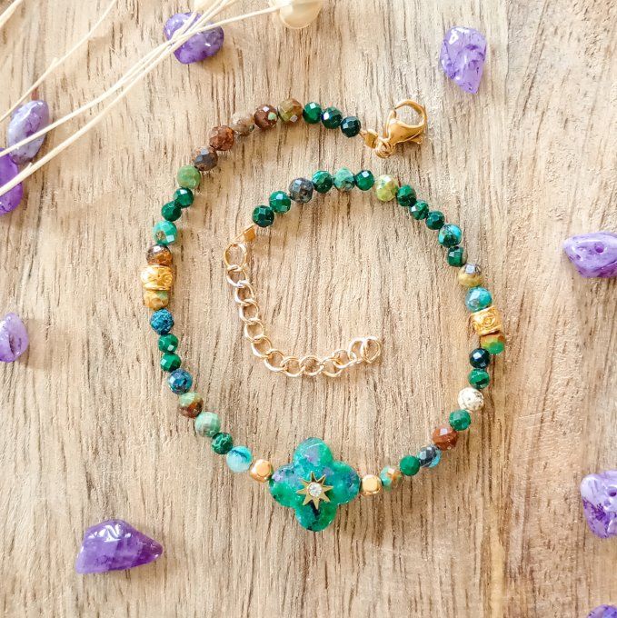 Bracelet JASPER, trèfle pierre naturelle rubis zoïsite et perles turquoises