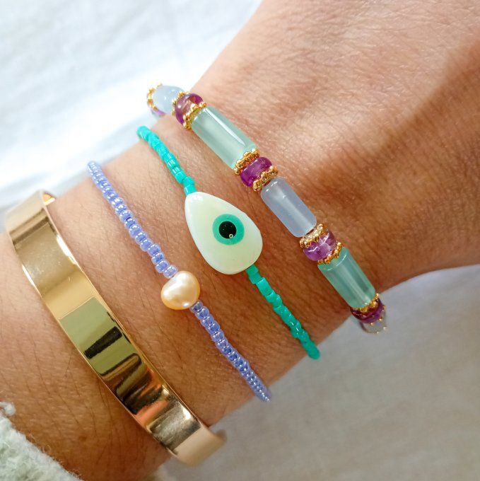 Bracelet AGATA, perles tube agate bleue et heishi d'améthyste