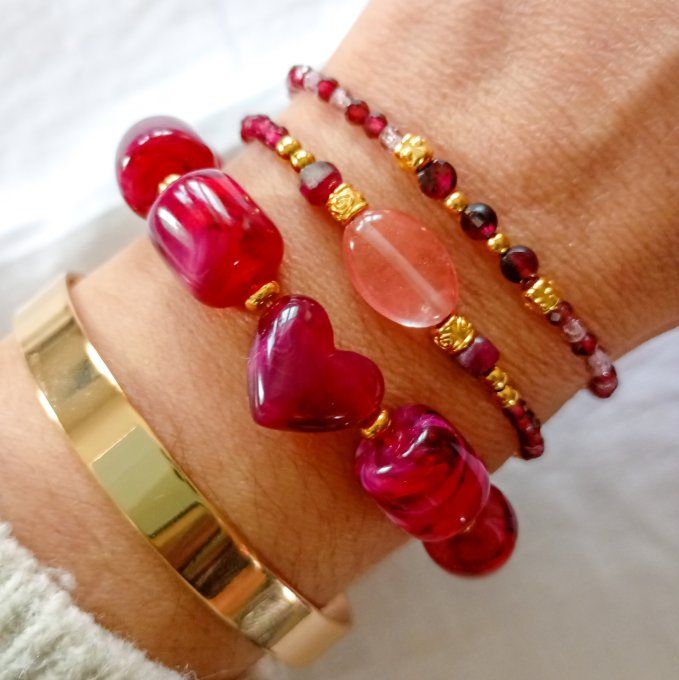 Bracelet CASSANDRE, perles naturelles de grenat et quartz fraise