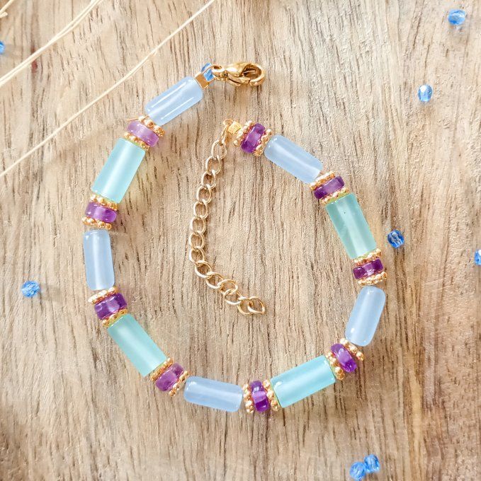 Bracelet AGATA, perles tube agate bleue et heishi d'améthyste