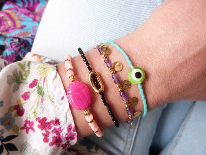 Bracelet MIA, perles améthyste et sequins martelés