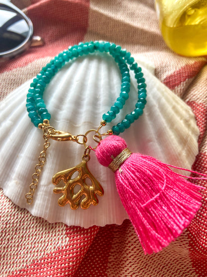 Bracelet CORAL double, maxi pompon et pendentif coquillage