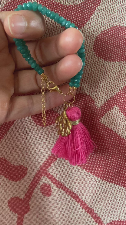 Bracelet CORAL double, maxi pompon et pendentif coquillage